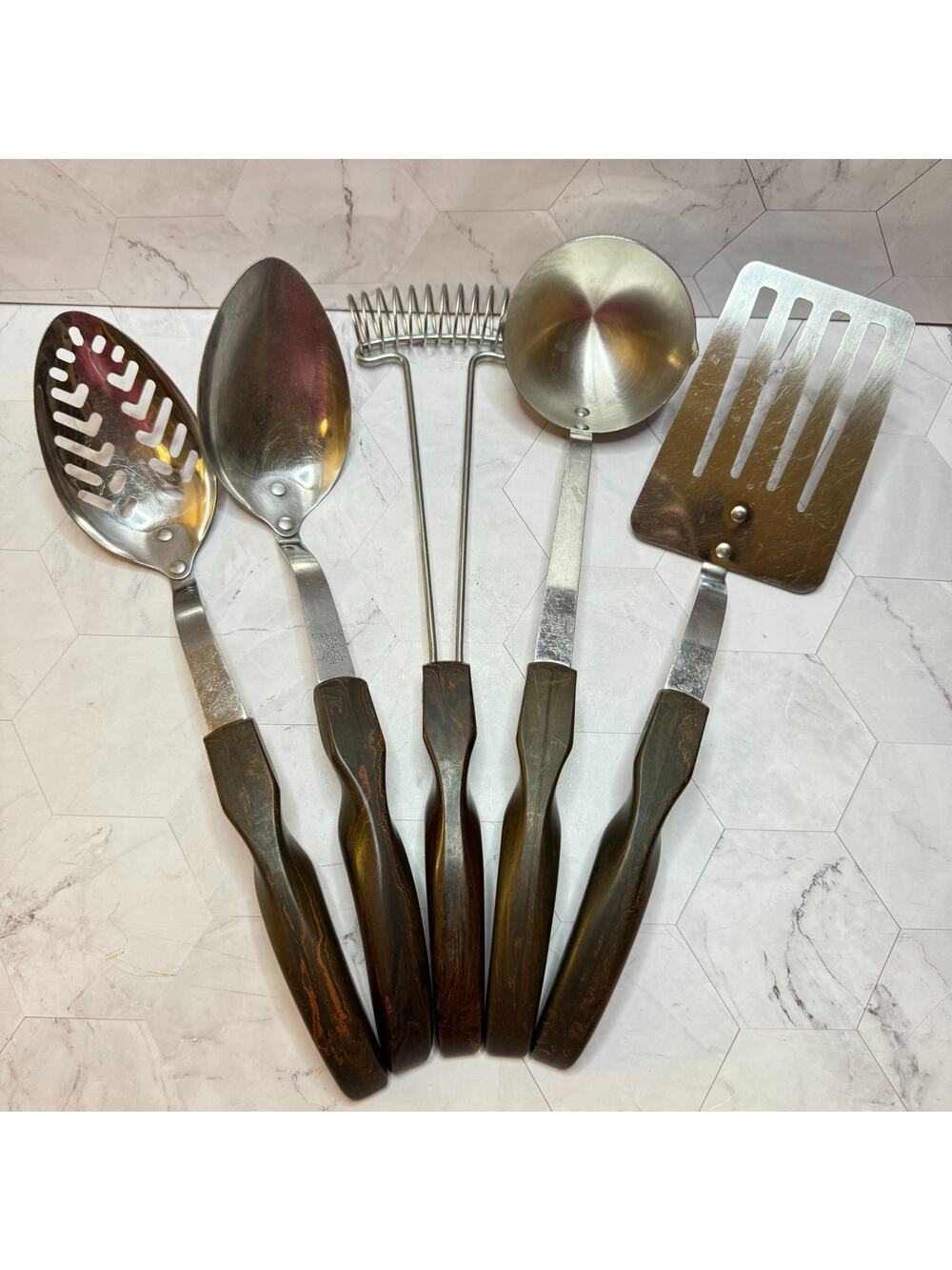 Vtg Cutco 5 Pc Utensil Set Brown Swirl Handle 1712 1713 1715 1716 Made in USA
